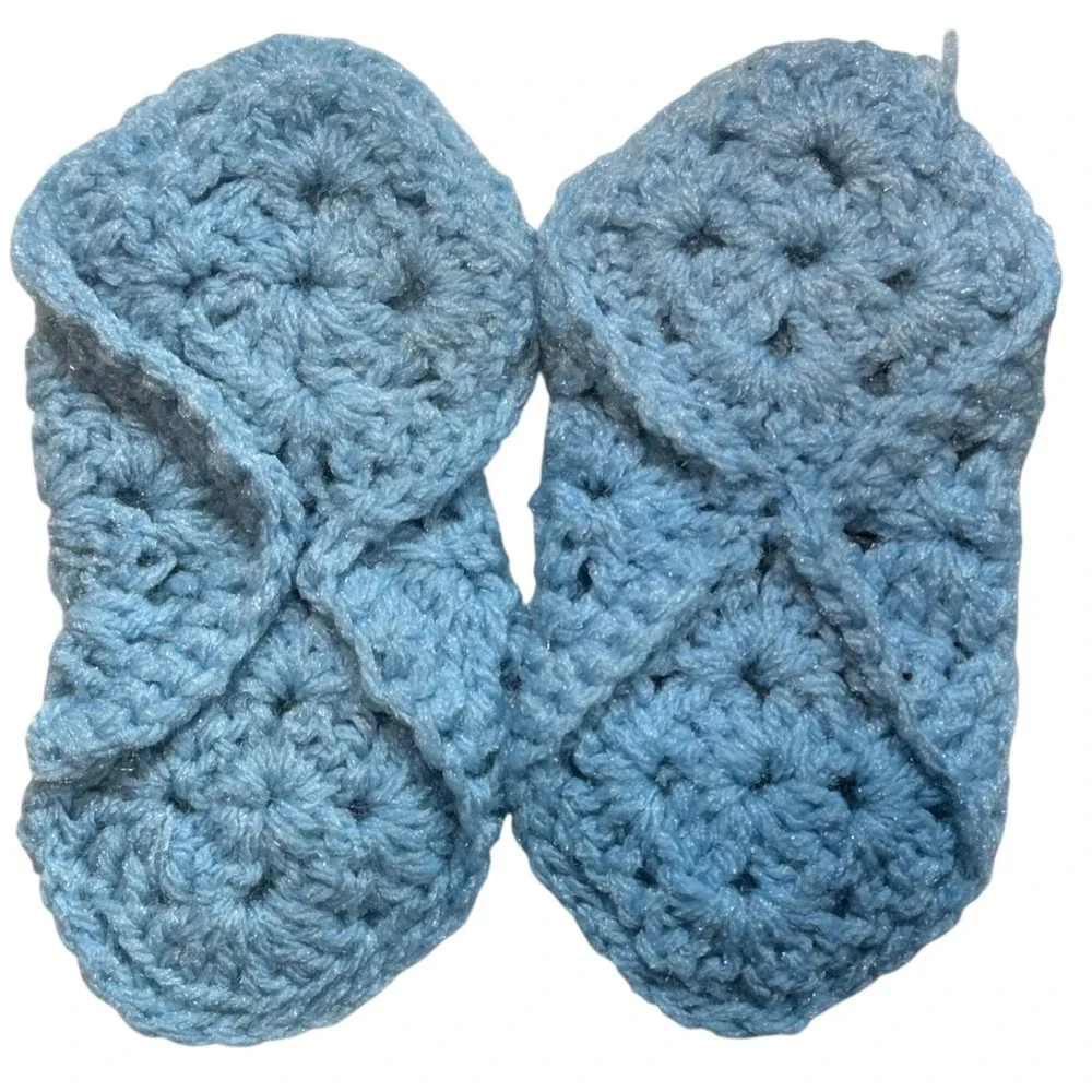Handmade Crochet Baby Booties Shimmer Knit Infant Slippers Blue 5in